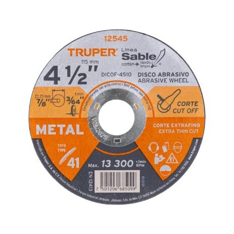 Disco Tipo 41 de 4-1/2? x 1 mm corte fino de metal, Sable